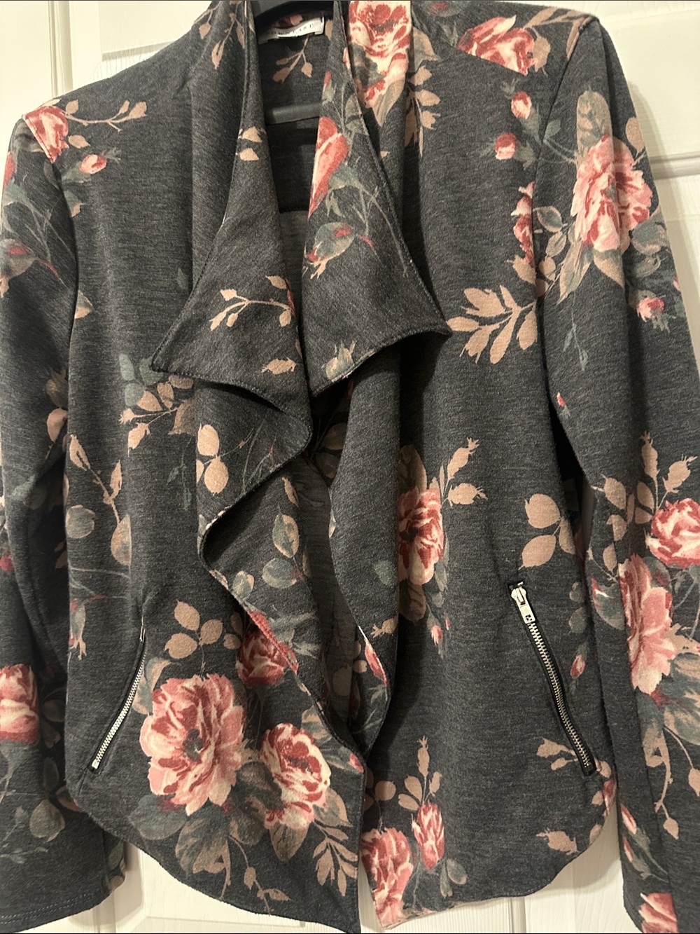 DownEast Charcoal Floral Drape Jacket with pale Pink Roses